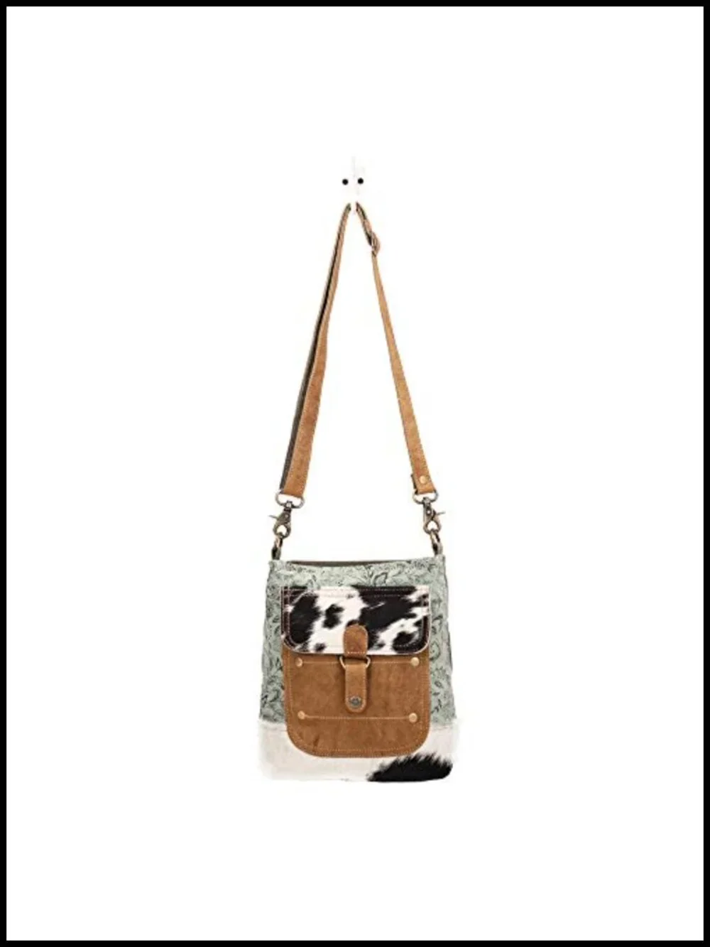 Women's Cow Hide Hairon Leather Canvas Floral Shoulder Bag